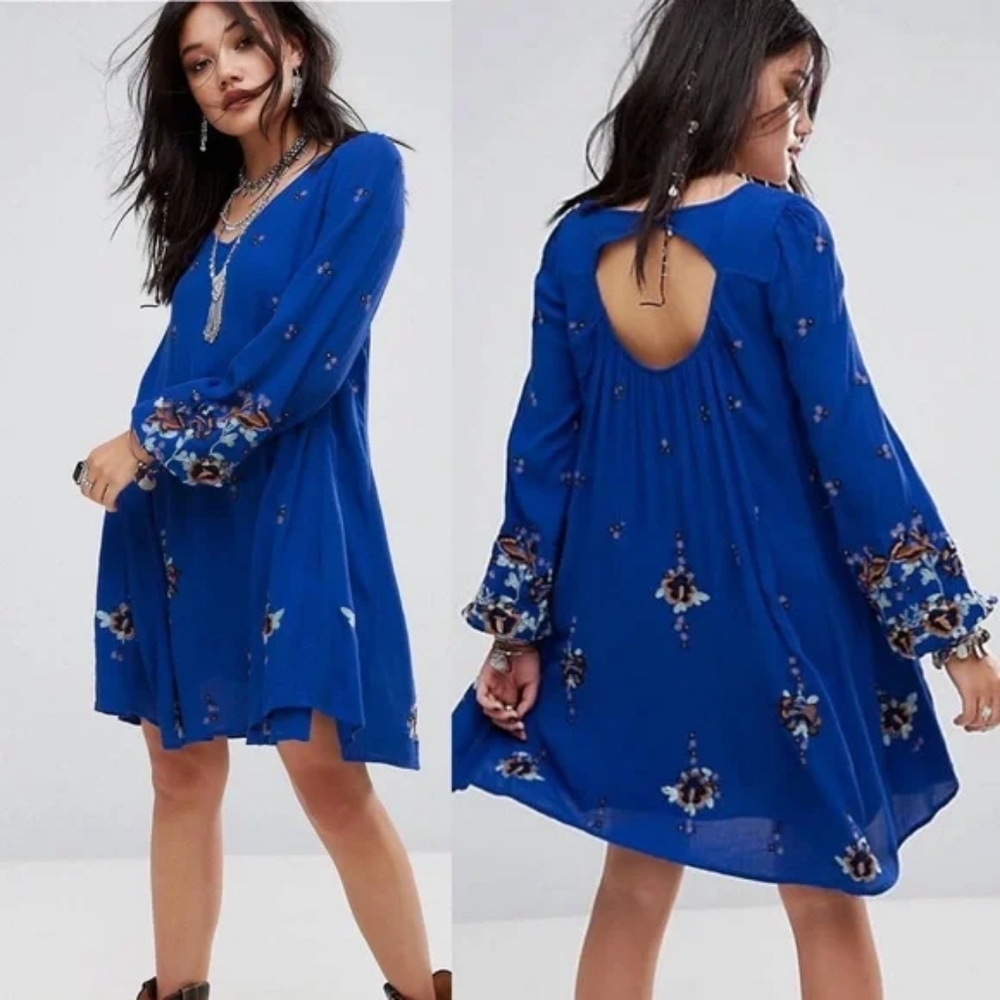 Free People Oxford Embroidered Mini Dress Blue XS